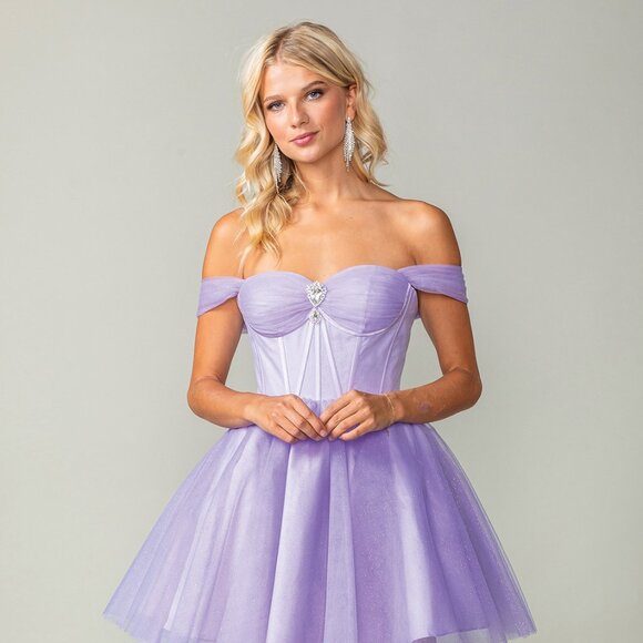 New Lilac Off The Shoulder Fit & Flare Homecoming Dress w/ Boned Bodice DQ 3394 - Picture 7 of 9